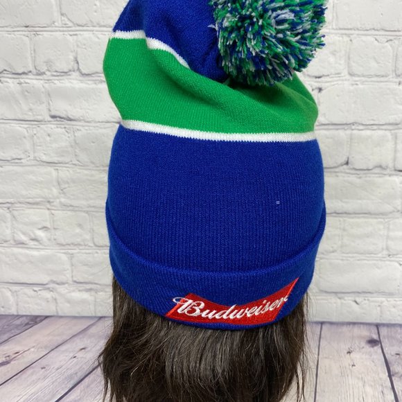 Vancouver Canucks Budweiser Beanie Hat Cap Blue Green Winter Toque Knit POM Top - Picture 3 of 6